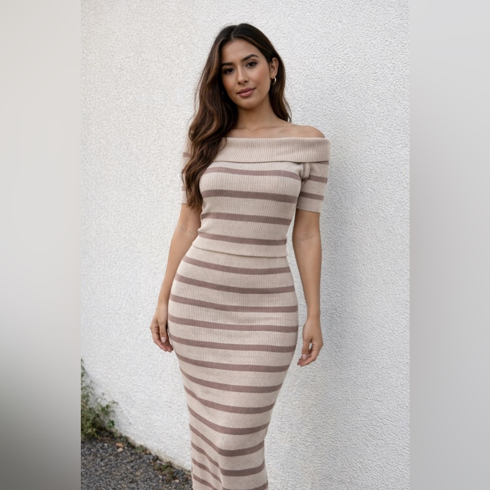 Olive & Oak Beige and Cream Striped Midi Dress